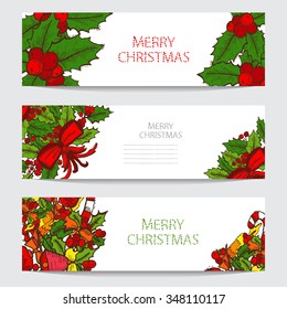 Hand drawn decorative winter holidays cards set, design elements. Can be used for invitations, gift wrap, print, scrapbooking. Christmas and New Year background