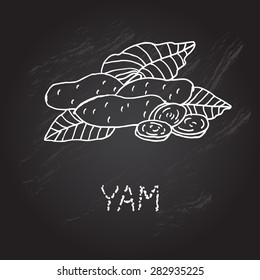 Hand drawn decorative yam, design element. Can be used for cards, invitations, gift wrap, print, scrapbooking. Kitchen theme. Chalkboard background. Sketch