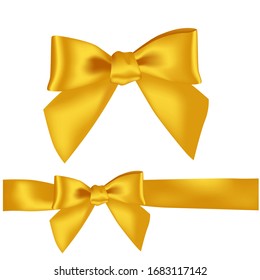 Hand drawn decorative yellow colored bow ribbon. Bow page decoration, packaging, invitation elements, Christmas, Valentine, birthday, holiday gift wrapping elements