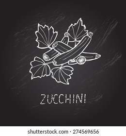 Hand drawn decorative zucchini, design elements. Can be used for cards, invitations, gift wrap, print, scrapbooking. Kitchen theme. Chalkboard background