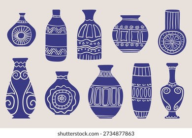 Hand drawn deep blue ceramic vase set with minimal abstract and floral patterns on soft beige background, flat modern illustration for home decor, poster, card, and design project.