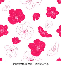 Hand drawn deep pink and white cherry blossom background. Japanese sakura pattern background. Asian springtime floral background. Great for wallpaper, gifts, textile, wedding or valentine's day card,
