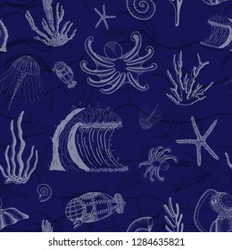 Hand drawn, Deep Sea Science seamless pattern, on rich blue background - Vector. For use on Fabric, wallpaper, decorative designs and more.