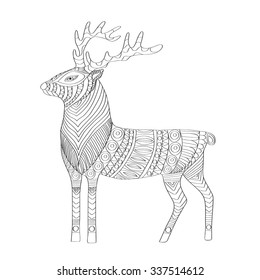 Hand drawn deer for adult anti stress coloring. Vector illustration in zentangle style.