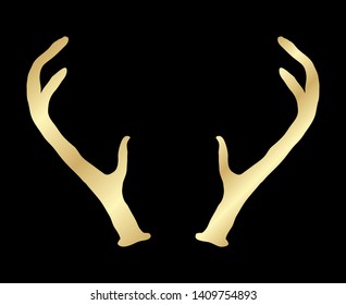 Hand drawn deer antlers. Magic vintage vector silhouette illustration in golden over black. Spiritual art, yoga, boho style, nature and wilderness.