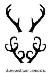 Hand drawn deer antlers set. Magic vintage silhouette vector illustration in black isolated over white. Spiritual art, yoga, boho style, nature and wilderness.