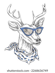 Hand drawn deer with blue glasses. Cute elk with antlers wearing stylish polka dot scarf. Funny linear sketch with mammal for posters. Cartoon flat vector illustration isolated on white background