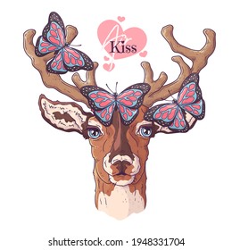 Hand drawn deer and butterfly Vector. Isolated objects for your design. Each object can be changed and moved.