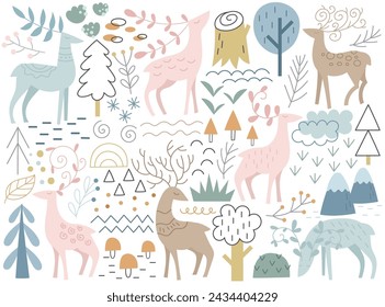 Hand drawn deer, doe, moose characters walking, grazing grass in forest among woods. Stylized artistic pattern with wild horned animals and tree plant, mountains landscape element vector illustration