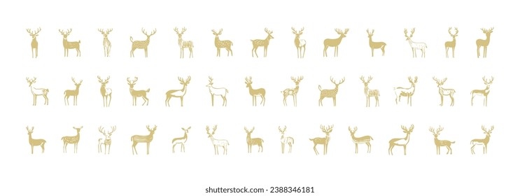 Hand drawn deer doodle illustration set. Vintage style reindeer drawing collection. Holiday animal element bundle, christmas decoration on isolated background.