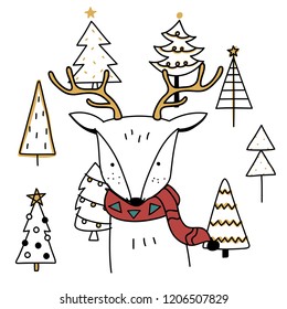 Hand drawn deer enjoying a Christmas holiday