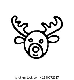 Hand drawn deer face doodle. Sketch winter icon. Decoration element. Isolated on white background. Vector illustration.