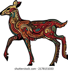 hand drawn deer, fawn in colorful doodle vector illustration