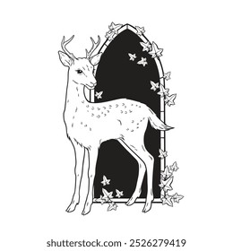 Hand drawn deer fawn over gothic arch with ivy line art and dot art print design vector illustration