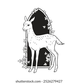 Hand drawn deer fawn over gothic arch with ivy line art and dot art print design vector illustration