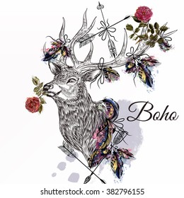 Hand drawn deer with feathers and arrows holding rose flower bo-ho tribal style