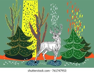 Hand Drawn Deer in a Forest, Illustration