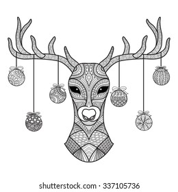 Hand drawn deer head with Christmas balls hanging on its horn, for coloring book,christmas card,decoration