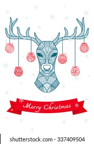 Hand drawn deer head with Christmas balls hanging on its horn, for christmas card and decoration