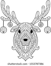 Hand drawn deer head with decoration christmas balls