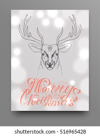 hand drawn deer head with horns. vector illustration. Christmas card