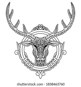 Hand drawn of deer head in zentangle style