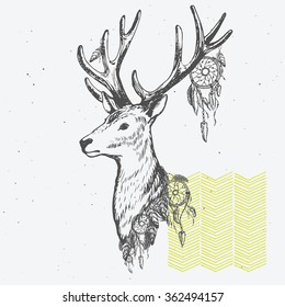 Hand drawn deer in hipster style with aztec elements