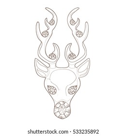 Hand drawn Deer Horned Head. Symbol of the New Year and Christmas Holidays. Vector template for decorating new year greeting cards, coloring books, art therapy. Isolated on white background.