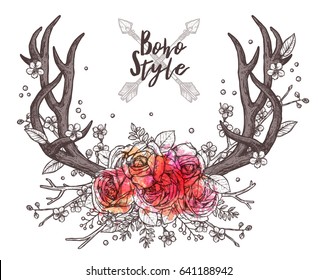 Hand Drawn Deer Horns With Flowers. Boho And Hipster Illustration In sketch Style