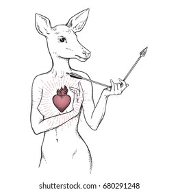 Hand drawn deer with human body and burning heart holding broken arrow isolated on white background. Line art and dot art tattoo or print design vector illustration