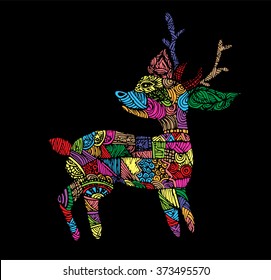 hand drawn deer illustration, cartoon, Black and colorful hand drawn doodle print with ethnic patterns. vector. henna