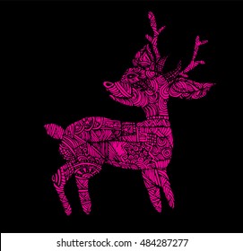 hand drawn deer illustration, cartoon, Black and orange hand drawn doodle print with ethnic patterns. vector. henna