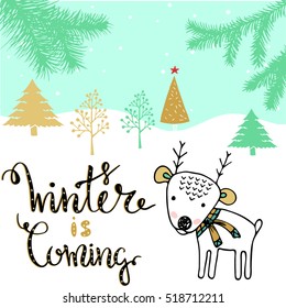 Hand drawn deer .Merry Christmas greetings with deer.Merry Christmas lettering.Great design element for congratulation cards, banners,calendar.