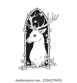 Hand drawn deer over gothic arch with ivy line art and dot art print design vector illustration