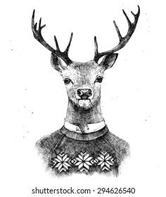 Hand Drawn Deer Portrait In Knitted Sweater