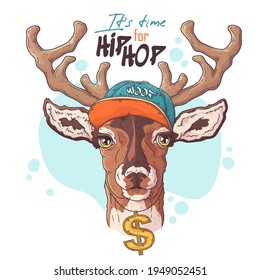 Hand drawn deer rapper portrait with accessories Vector. Isolated objects for your design. Each object can be changed and moved.