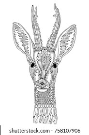 Hand drawn deer. Sketch for anti-stress adult coloring book in zen-tangle style. Vector illustration  for coloring page, isolated on white background. Template for poster, t-shirt, cover or tattoo.