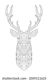 Hand drawn deer. Sketch. Page for anti-stress adult coloring book in zen-tangle style. Vector illustration, isolated on white background. Template for poster, t-shirt, cover or tattoo.