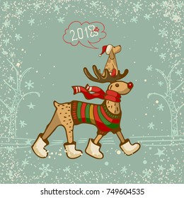 A hand drawn deer in a striped sweater and a red scarf with a little dog in Santa's hat.