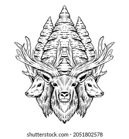 hand drawn deer winter engraving style poster design