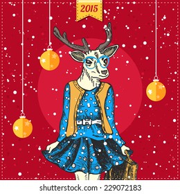Hand drawn deer woman with snowfall and xmas balls. Hipster Christmas greeting card. Vector illustration.