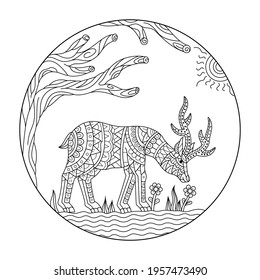 Hand drawn of deer in zentangle style