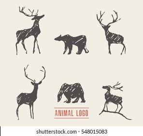Hand drawn deers and bears for logotype, vector illustration