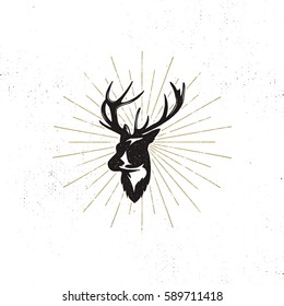 Hand drawn deer's head label. Vintage black vector silhouette of Deer head with antlers, sunbursts isolated on white background. Wild animal shape design. Stamp Illustration.