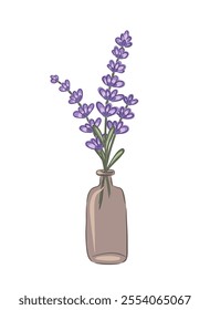 Hand drawn delicate bouquet of lavender flowers stands upright in a minimalist ceramic vase. vector illustration