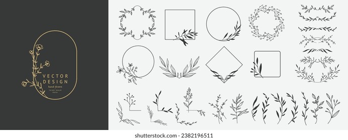 Hand drawn delicate floral borders, frames, dividers, corners with flowers and branches. Trendy greenery logo elements in line art style. Vector set for label, wedding invitation, save the date card 