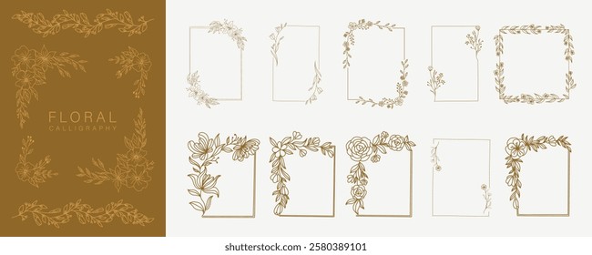 Hand drawn delicate floral borders, frames, dividers, corners with flowers and branches. Trendy greenery logo elements in line art style. Vector set for label, wedding invitation, save the date card