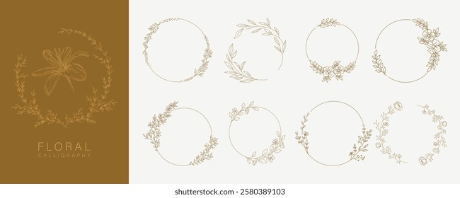 Hand drawn delicate floral borders, frames, dividers, corners with flowers and branches. Trendy greenery logo elements in line art style. Vector set for label, wedding invitation, save the date card