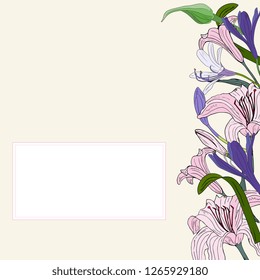 hand drawn delicate floral frame  with lilies and agapanthus. Great for  wedding invitations, greeting cards, decor