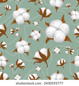 Handgezeichnetes zartes florales Vektor nahtloses Muster. Baumwollpflanzenkugeln in verschiedenen Größen auf grauem Teal-Hintergrund. Dekorative florale Vektor-Illustration zum Drucken auf verschiedenen Oberflächen.